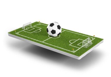 Yeşil çim 3d futbol sahası ve futbol arka plan top. Futbol stadyumu oyun 3d nesne alanının. Perspektif görünümü çim sahada futbol topu. 3D render