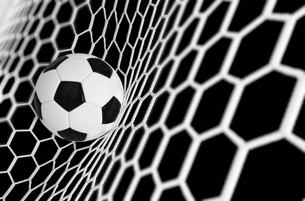 Banner de fútbol o fútbol con fondo negro balón 3d. Juego de fútbol partido de diseño de momento de gol con bola realista en la red. Fondo de fútbol — Foto de Stock