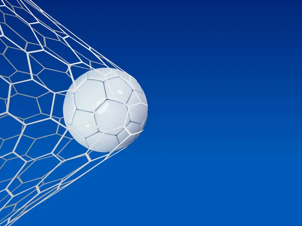 Football ou Football 3d Ball sur fond de ciel bleu. Match de football but moment avec balle réaliste dans le filet et place pour le texte — Image vectorielle