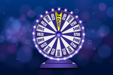 Mavi servet tekerlek 3d nesne soyut ufuk dairesel mavi bokeh arka plan üzerinde. Şans çarkı