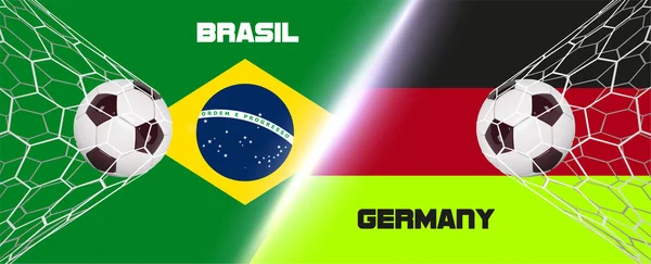 足球或橄榄球宽横幅以3d 球在德国的旗子与巴西背景。足球比赛目标时刻与现实球在网在旗子背景和地方为文本 — 图库矢量图片