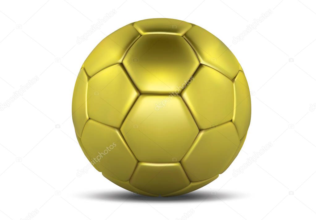 Gold soccer ball isolated on white background. Golden football ball. Soccer 3d ball.