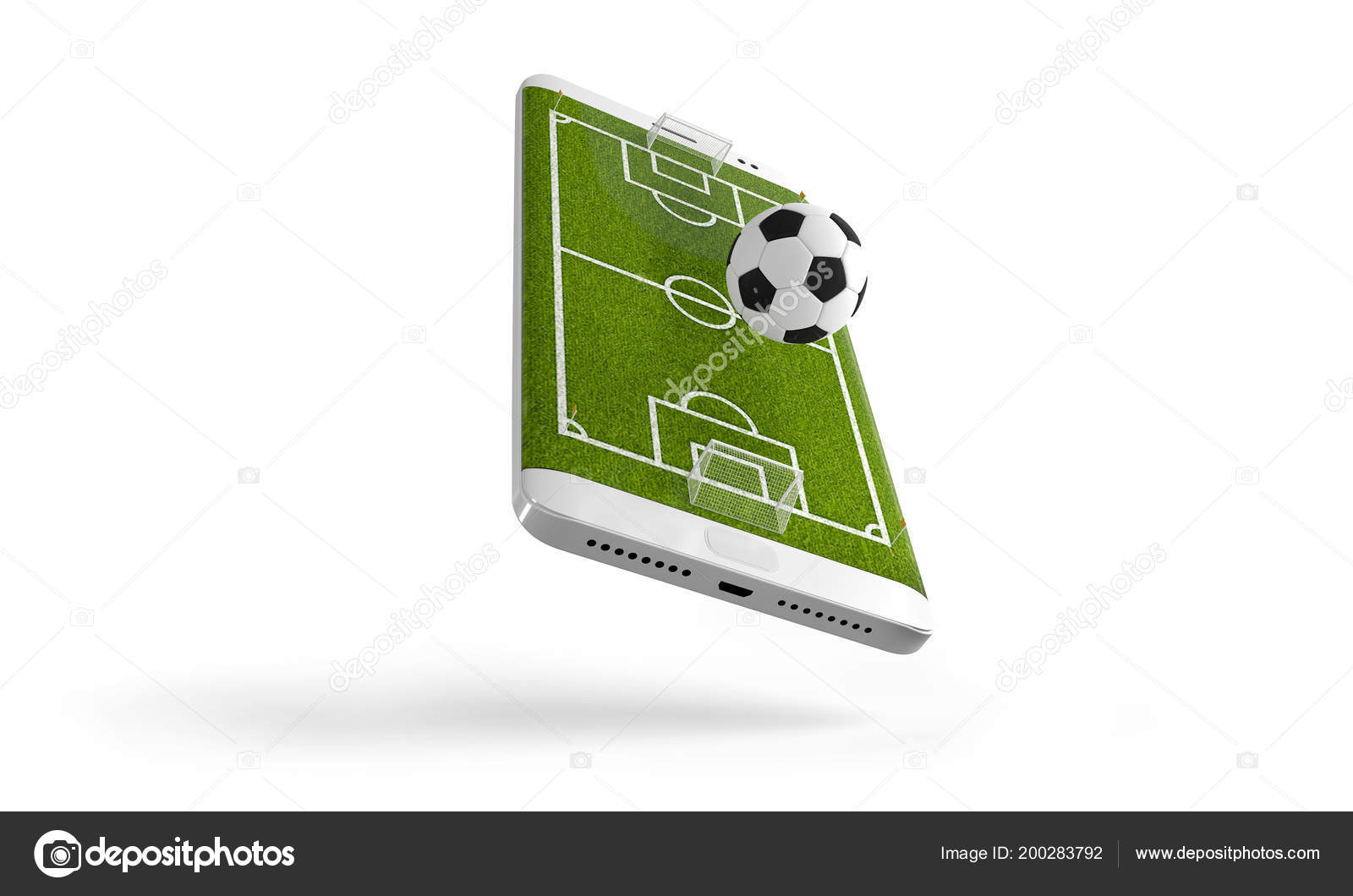 Mobile soccer. Football field on the smartphone screen and ball