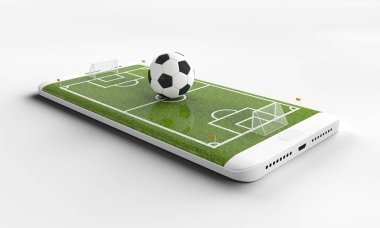 Mobil futbol. Futbol sahasında smartphone ekran ve topu. Online Bilet Satış konsepti. 3D render
