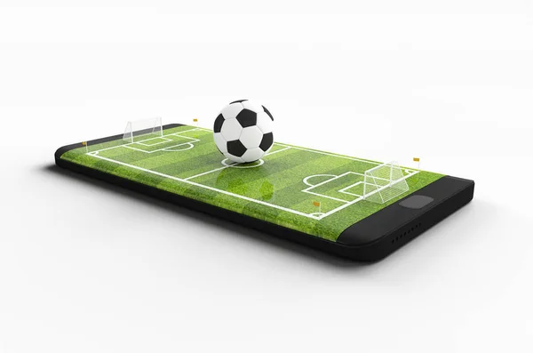 Mobile soccer. Football field on the smartphone screen and ball. Online ticket sales concept. 3d rendering — Stock Photo, Image