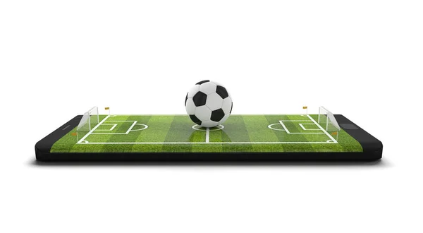 Mobile soccer. Football field on the smartphone screen and ball. Online ticket sales concept. Black mobile phone and soccer ball isolated on white background. 3d rendering — Stock Photo, Image