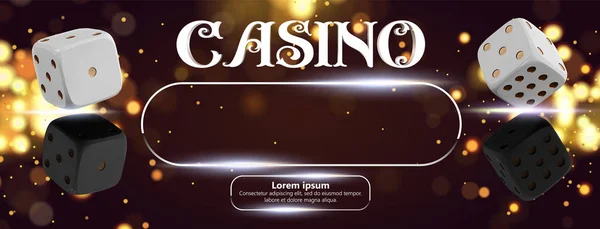 Bovenaanzicht van Casino teken poker dobbelstenen op gouden glanzende achtergrond. Online casino brede banner met plek voor tekst en knop. 3D-vector concept gokken. — Stockvector