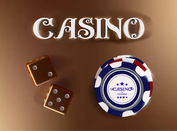 Top uitzicht op casinofiches teken poker, dobbelstenen op gouden achtergrond. Online casino breed spandoek met zwarte en witte chip spel op blauwe tabel en plaats voor tekst. 3D-vector concept gokken — Stockvector
