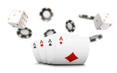 İskambil, poker fişleri ve zar casino beyaz arka plan üzerinde uçmak. Poker casino vektör çizim. 3D vektör kavramı, poker mobil app simgesi kumar online casino oyunu
