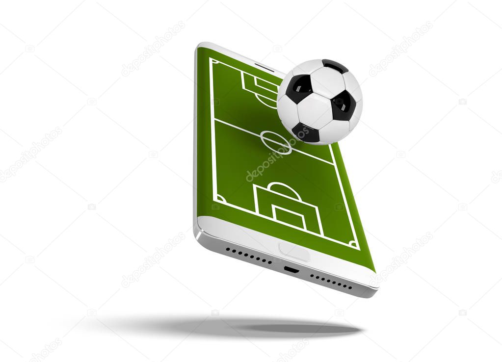 Mobile football soccer. Mobile sport play match. Online soccer game with live mobile app. Football field on the smartphone screen and ball. Online ticket sales concept