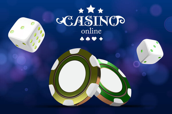 Casino poker chips and dice. Casino game 3D chips mock-up. Online casino banner. Golden realistic chip. Gambling concept, poker mobile app icon. dice falling in the air