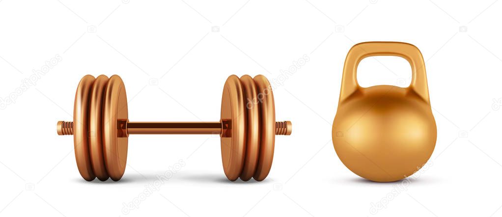 Golden realistic dumbbell weight isolated on white background. 3d gold dumbbell vector illustration. Sports Equipment.