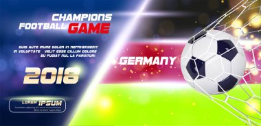 Futbol ya da futbol geniş afiş veya bayrak Almanya arka plan üzerinde 3d topu ilan vardı. Almanya futbol maçı maç gol an net gerçekçi top ve yer ile metin için.