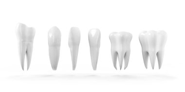 İzole Icon set diş. Sağlıklı dişler Beyaz Emaye ve kök ile 3d çizim. Diş hekimliği, diş sağlığı bakımı, diş hekimi ofis, ağız hijyeni Temalar Tasarım