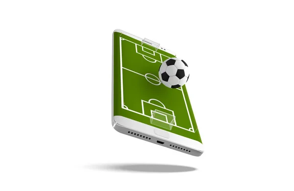 Мобильный футбол. Мобильный спортивный матч. Онлайн футбол с мобильным приложением. Футбольное поле на экране смартфона и мяч. Концепция онлайн продажи билетов — стоковый вектор
