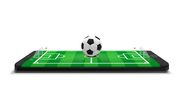 Mobile football soccer. Mobile sport play match. Online soccer game with live mobile app. Football field on the smartphone screen and ball. Online ticket sales concept — Stock Vector