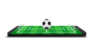 Mobil futbol futbol. Mobil spor maçı oynamak. Online futbol oyunu canlı mobil uygulama futbol sahasında smartphone ekran ve top ile. Online Bilet satış konsepti