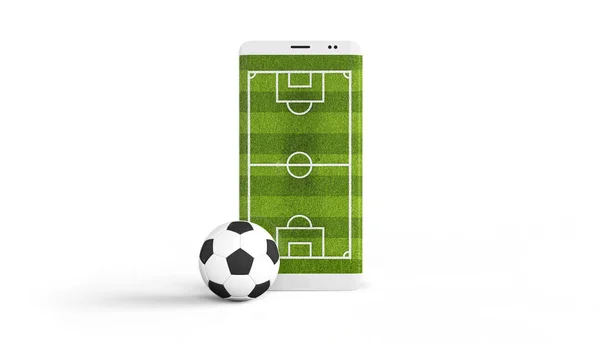 Futebol móvel. Campo de futebol na tela do smartphone e bola. Conceito de venda de bilhetes online. Renderização 3d — Fotografia de Stock