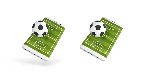Mobile soccer. Football field on the smartphone screen and ball. Online ticket sales concept. 3d rendering — Stock Photo, Image
