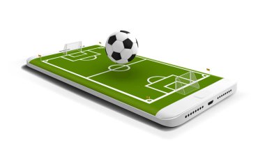 Mobil futbol futbol. Mobil spor maçı oynamak. Online futbol oyunu canlı mobil uygulama futbol sahasında smartphone ekran ve top ile. Online Bilet satış konsepti