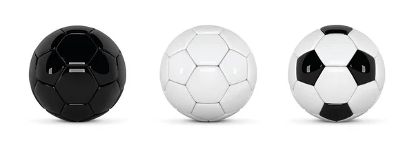 Conjunto de bolas de futebol realista ou bola de futebol no fundo branco. 3d estilo bola vetorial. Futebol bolas pretas e brancas — Vetor de Stock