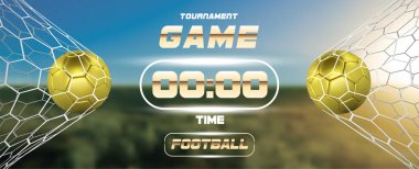 Futbol ya da futbol afiş ile 3d altın top ve puan tahtası ya da yeşil alan arka plan zaman ayarlı. Futbol maçı gol an net topu ile aynı. Bulanık futbol eğitim alan