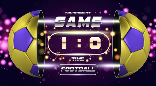 Banner de futebol, cartaz ou design de panfleto com bola dourada azul 3d. Design de jogo de futebol jogo com temporizador ou placar. Meia bola. Bola dividida em duas partes. Liga de futebol com pontuação de competição de jogo —  Vetores de Stock