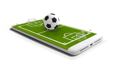 Mobil futbol futbol. Mobil spor maçı oynamak. Online futbol oyunu canlı mobil uygulama futbol sahasında smartphone ekran ve top ile. Online Bilet satış konsepti