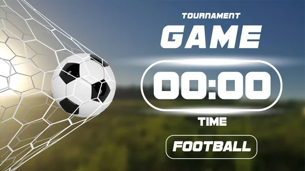 サッカーまたはフットボール バナー 3 d のボール、スコアボードや緑の野原の背景にタイマーで。サッカー ゲームの試合ゴール瞬間ネットにボールを持つ。ぼやけサッカー トレーニング フィールド — ストックベクタ