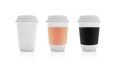 Gerçekçi beyaz kağıt, el sanatları ve siyah kahve veya çay bardağı sahte set up. Sütlü kahve, Cappuccino Cup. Etikel kahve alay göl kenarında wihite arka plan üzerinde ayarlayın