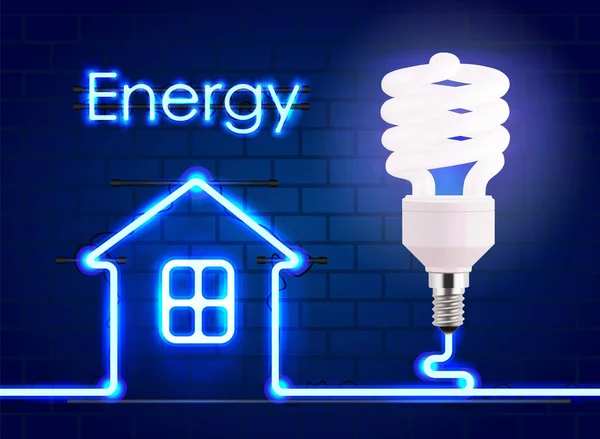 Öko-Energiesparlampe, glühende Kompaktleuchtstofflampe. Energiesparendes digitales Gestaltungskonzept aus blau leuchtender Leuchtreklame und Haus. Banner für Ökoenergie. — Stockvektor