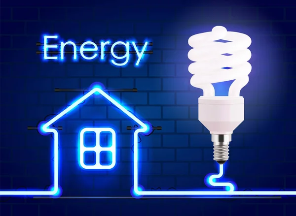 Bombilla de ahorro de energía ecológica, bombilla fluorescente compacta brillante. Concepto de diseño digital de ahorro de energía de azul brillante letrero de neón y la casa. Banner de energía ecológica . — Archivo Imágenes Vectoriales