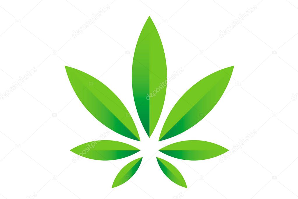 Cannabis marijuana hemp green leaf flat symbol or logo design. Cannabis green silhouette ecology logo. Hemp emblem for the logo design packaging of goods, food, for the creation of printed products