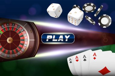 Casino arka plan rulet tekerleği ile iskambil, zar ve patates kızartması. Online casino poker tablo konsept tasarımı. Mavi arka plan üzerinde üstten görünüm beyaz zar ve cips. Casino işareti. 3D vektör çizim.