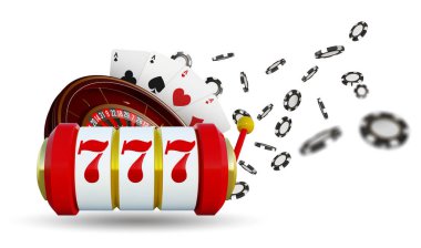 Casino arka plan rulet tekerleği ile iskambil, zar ve patates kızartması. Online casino poker tablo konsept tasarımı. Mavi arka plan üzerinde üstten görünüm beyaz zar ve cips. Casino işareti. 3D vektör çizim.