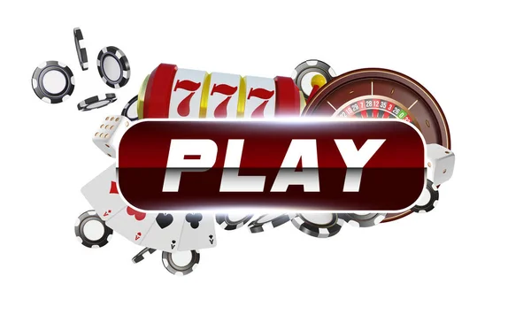 REG kulaté tlačítko play s kovovým rámečkem na bílém pozadí. Casino hrací karty, hrací kostky a čipy. Online kasino poker koncepce designu. 3D vektorové ilustrace. — Stockový vektor