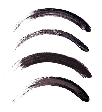 Kalıcı makyaj kozmetik maskara fırça konturu doku üzerine beyaz izole vektör. Gerçekçi maskara smear şablonu ayarlayın. Rimel kirpikleri Fırça kontur makyaj. Kara El çekilmiş kirpik karalama renk örneği.