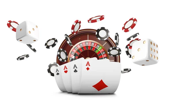 Speelkaarten en fiches vliegen casino. Casino roulette concept op witte achtergrond. Poker casino vectorillustratie. Rode en zwarte realistische chip in de lucht. Gokken poker mobiele app icoon. — Stockvector