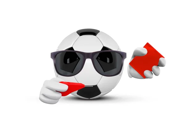 Bola de fútbol sin rostro de dibujos animados personaje de la mascota árbitros señalando y mostrando tarjeta roja. Ilustración vectorial aislada sobre fondo blanco — Archivo Imágenes Vectoriales