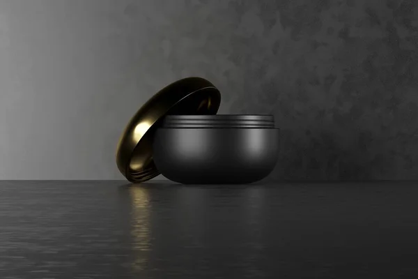 Pacote de creme em branco preto em um fundo escuro. 3d cosméticos compõem creme. renderização 3d. Recipiente de creme cosmético. Frasco de creme para o rosto para o seu design . — Fotografia de Stock