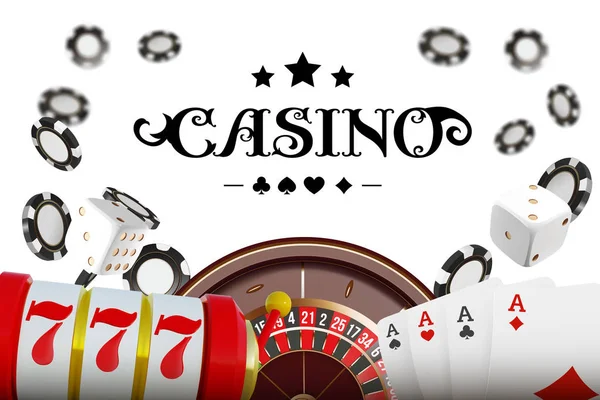 赌场背景轮盘赌轮与扑克牌, 骰子和筹码。网上赌场扑克桌概念设计。蓝色背景下的白色骰子和芯片的顶部视图。赌场标志。3d 矢量图示. — 图库矢量图片