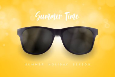 Mavi arka plan üzerinde gerçekçi güneş gözlüğü. Tatil, yaz seyahat tasarım, seyahat acentesi. Vektör gerçekçi 3d çizim. Moda aksesuar tasarımı. Yaz gözlük kavramı.