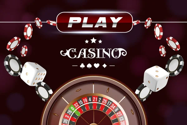 Casino rueda de ruleta de fondo con dados y fichas. Diseño de concepto de mesa de póquer casino en línea. Vista superior de dados blancos y fichas sobre fondo negro. Signo del casino. 3d vector ilustración . — Vector de stock