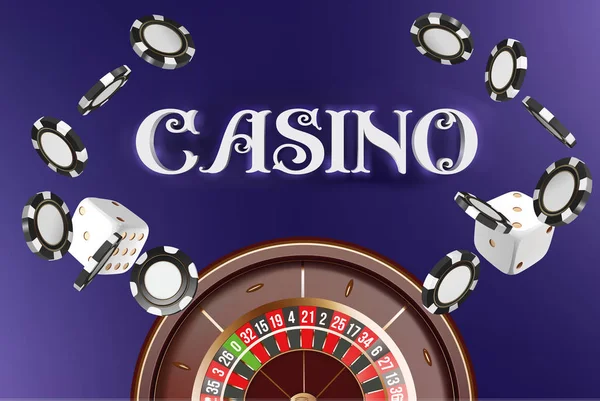 Roda de roleta de fundo Casino com dados e chips. Design de conceito de mesa de poker de casino online. Vista superior de dados brancos e chips no fundo azul. Assinatura do casino. ilustração vetorial 3d . — Vetor de Stock