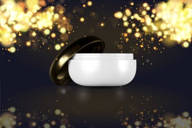 Reklamlar, cilt bakım kremi için gerçekçi 3d beyaz ve altın mockup kavanoz için güzel kozmetik şablonları. Makyaj saç bakım ürünleri Dergisi şablonu. Altın üzerinde marka illüstrasyon parlak ışıklar ışıltı.