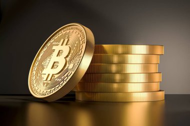 Altın sikke bitcoin işareti ile. Para ve finans simgesi. İllüstrasyon koyu siyah arka plan üzerine. Dijital para. Cryptocurrency. 3D render.