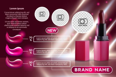 Makyaj reklamlar şablon beyaz atlı kırmızı ruj mockup parlak arka plan ile. Paket tasarım promosyon ürün. Başlık sayfası, afiş, Billboard, afiş veya katalog reklam kozmetik. 3D vektör çizim.