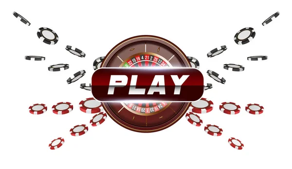 Hrací karty a poker žetony létat kasino hrát tlačítko. Koncept na bílém pozadí. Poker casino vektorové ilustrace. Červené a černé realistické čip ve vzduchu. Hazardní hry koncept, mobilní aplikaci ikonu. — Stockový vektor
