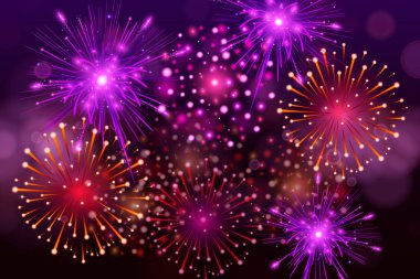 Siyah arka plan üzerinde şenlikli renkli havai fişek. Vektör gerçekçi havai fişek illüstrasyon kümesi. Yeni yıl Noel şenlikli.