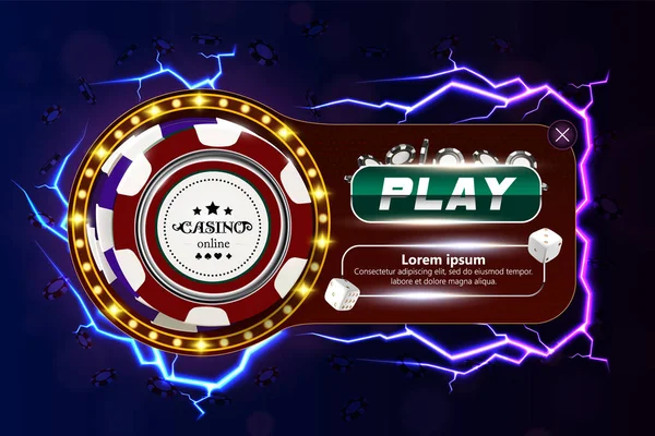 Casino poker webbanner met chips, dobbelstenen en knop afspelen. Casino spel 3D-chips. Online casino-banner. Realistische casinofiches. Gokken concept, poker mobiele app icoon. Dobbel het vallen in de lucht. — Stockvector